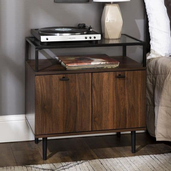 Modern Glass Top 2Door Side Table Dark Walnut
