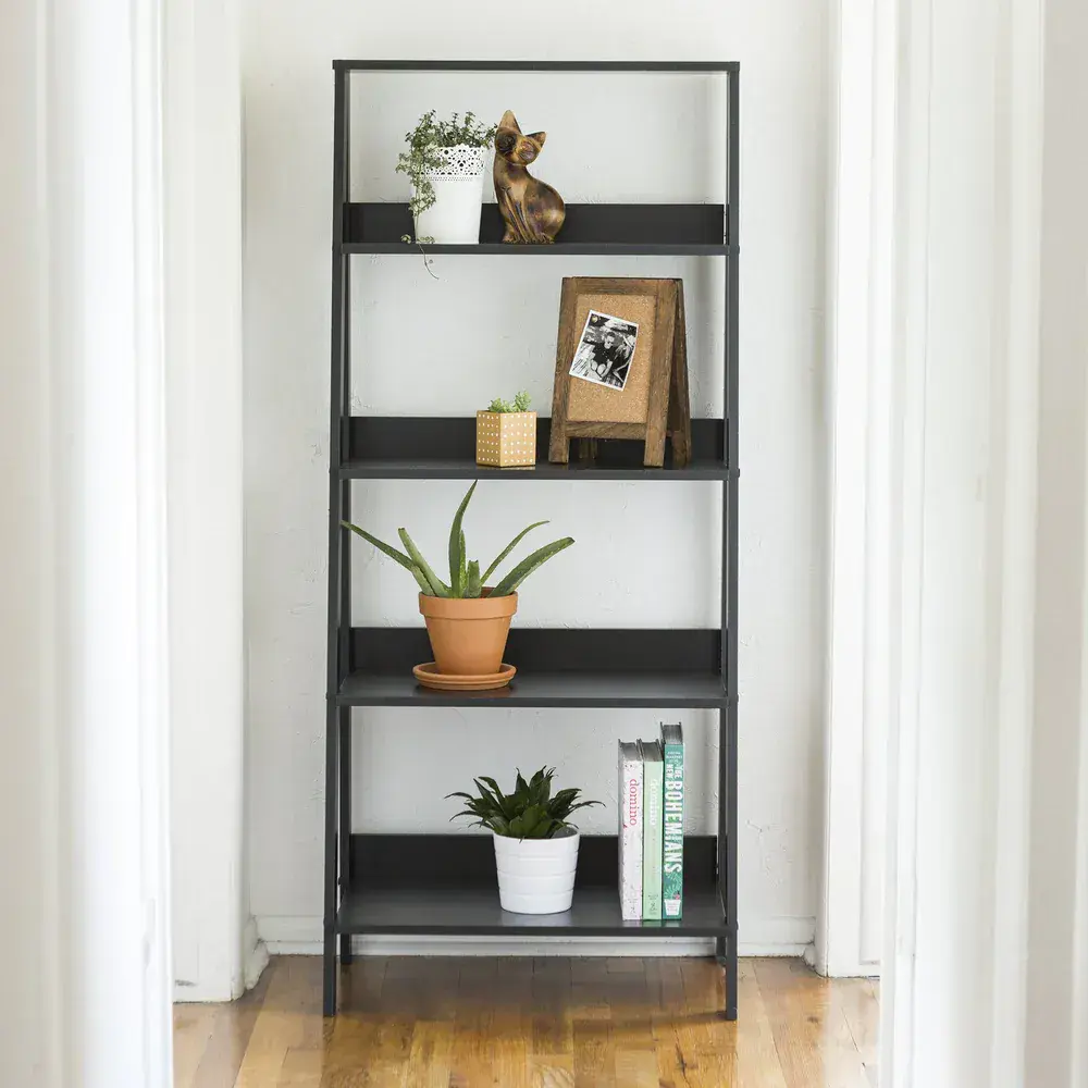 Modern Wood Ladder Bookcase Black