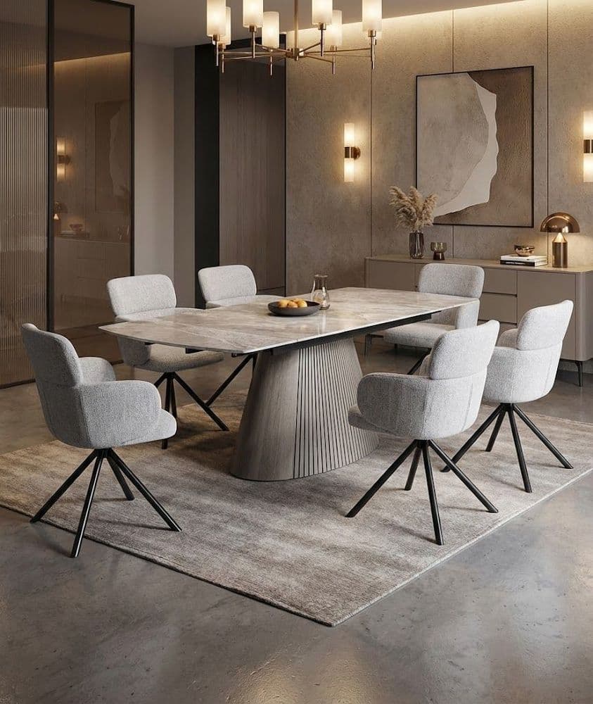 Monaco Grey Stone Extending Dining Set 6 Tuscany Swivel Chairs