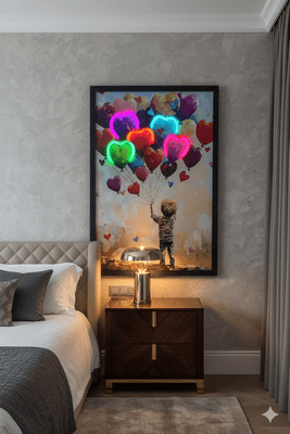 Multicolour Heart Balloons Neon LED Wall Art - Kids Room Decor 40x60cm USB - Home Luxe Interior