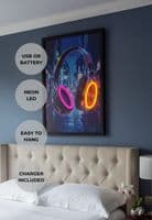 Neon LED Headphones Wall Art - 40x60cm Cyberpunk City Canvas USB