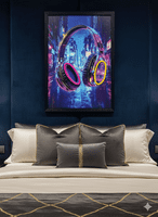 Neon LED Headphones Wall Art - 40x60cm Cyberpunk City Canvas USB