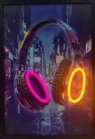 Neon LED Headphones Wall Art - 40x60cm Cyberpunk City Canvas USB