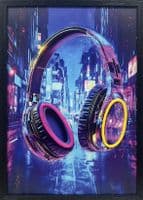 Neon LED Headphones Wall Art - 40x60cm Cyberpunk City Canvas USB