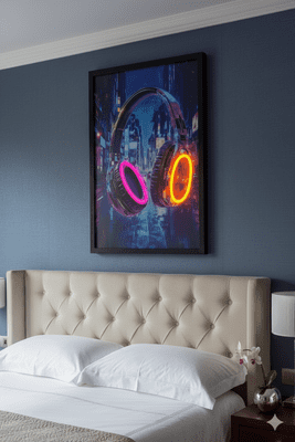 Neon LED Headphones Wall Art - 40x60cm Cyberpunk City Canvas USB