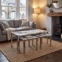 Nest of 3 Grey Marble Coffee Tables with Silver Steel Frame Set