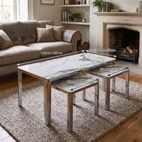 Nest of 3 Grey Marble Coffee Tables with Silver Steel Frame Set