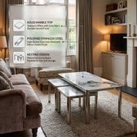 Nest of 3 Grey Marble Coffee Tables with Silver Steel Frame Set