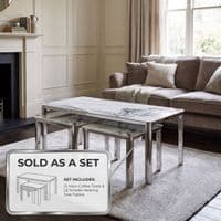 Nest of 3 Grey Marble Coffee Tables with Silver Steel Frame Set