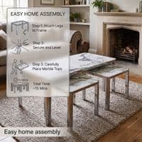 Nest of 3 Grey Marble Coffee Tables with Silver Steel Frame Set