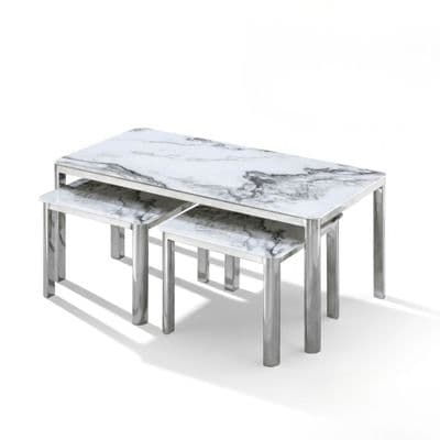 Nest of 3 Grey Marble Coffee Tables with Silver Steel Frame Set