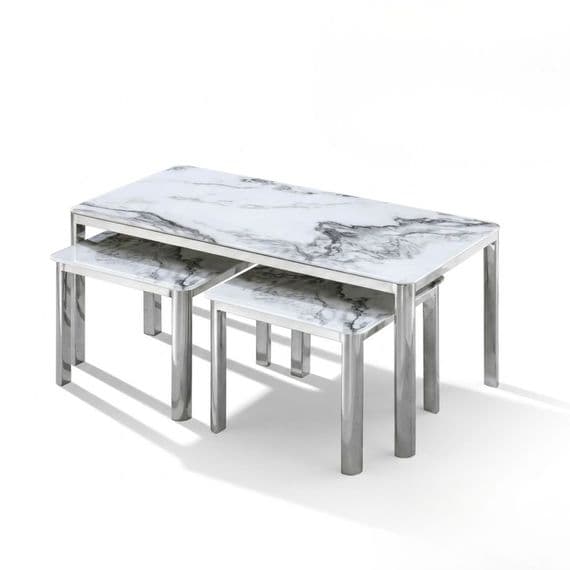 Nest of 3 Grey Marble Coffee Tables with Silver Steel Frame Set