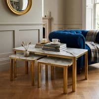 Nest of 3 White Marble Coffee Tables with Gold Steel Frame Set
