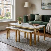 Nest of 3 White Marble Coffee Tables with Gold Steel Frame Set