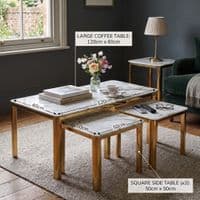 Nest of 3 White Marble Coffee Tables with Gold Steel Frame Set