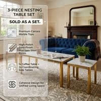 Nest of 3 White Marble Coffee Tables with Gold Steel Frame Set