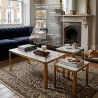 Nest of 3 White Marble Coffee Tables with Gold Steel Frame Set