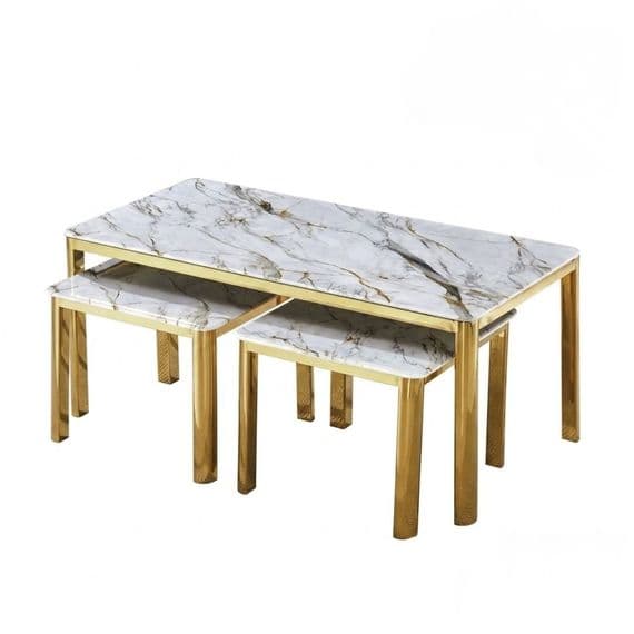 Nest of 3 White Marble Coffee Tables with Gold Steel Frame Set