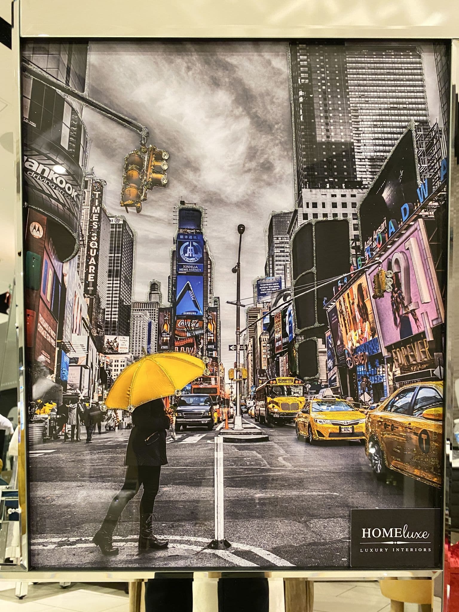 New York Scene Yellow Umbrella Wall Art Mirror Frame
