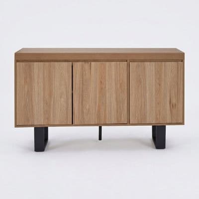 Oakton Natural Wood Sideboard 3 Door Black Metal Legs 140cm