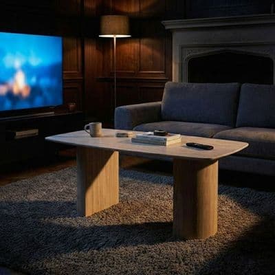 Olympia Beige Ceramic Coffee Table Fluted Base Oval 130cm