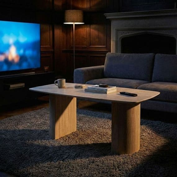 Olympia Beige Ceramic Coffee Table Fluted Base Oval 130cm