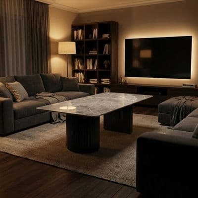 Olympia Grey Ceramic Coffee Table Black Fluted Base 130cm