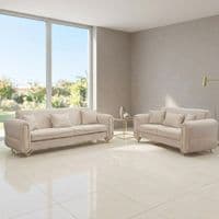 Oval Beige Fabric 3 & 2 Seater Sofa Set Gold Legs Luxury Suite