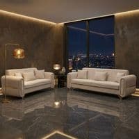 Oval Beige Fabric 3 & 2 Seater Sofa Set Gold Legs Luxury Suite