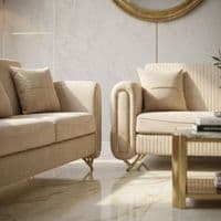 Oval Beige Fabric 3 & 2 Seater Sofa Set Gold Legs Luxury Suite