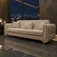 Oval Beige Fabric 3 & 2 Seater Sofa Set Gold Legs Luxury Suite