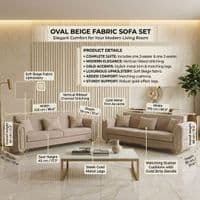 Oval Beige Fabric 3 & 2 Seater Sofa Set Gold Legs Luxury Suite