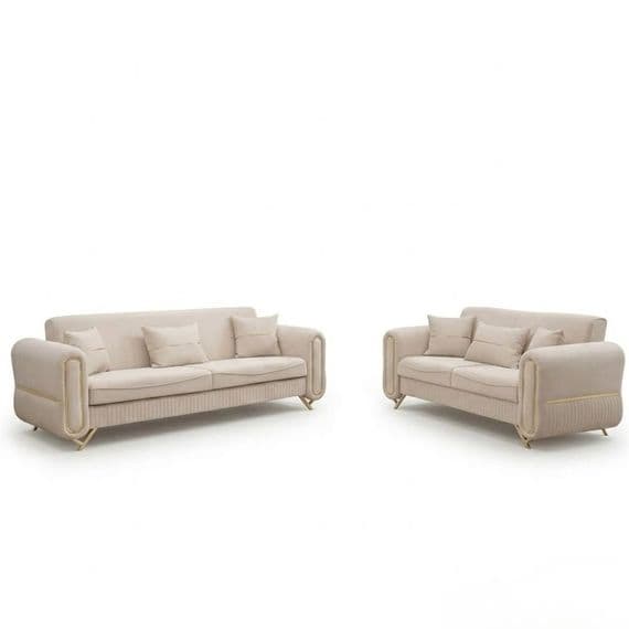 Oval Beige Fabric 3 & 2 Seater Sofa Set Gold Legs Luxury Suite