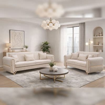 Oval Cream Fabric 3 & 2 Seater Sofa Set Gold Legs Luxury Suite