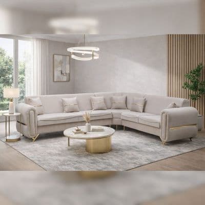 Oval Cream Fabric Corner Sofa Set Gold Legs Large Suite