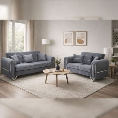Oval Grey Fabric 3 & 2 Seater Sofa Set Silver Legs Suite