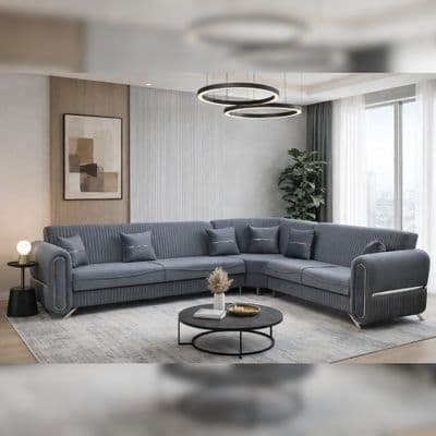Oval Grey Velvet Corner Sofa Set Silver Legs Large Suite