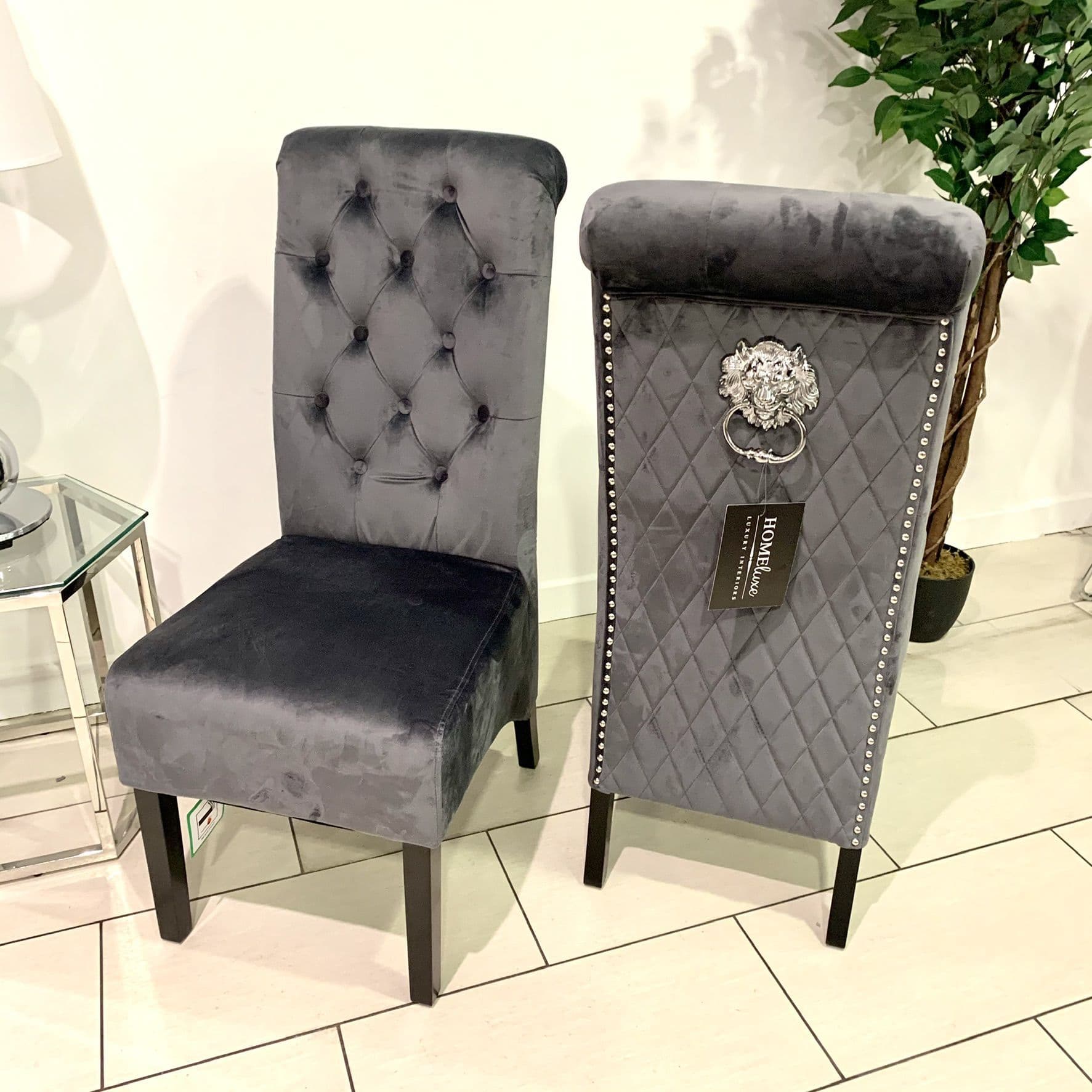 Pair Of Madrid Dining Chair Scroll Back Lion Knocker Dark Grey