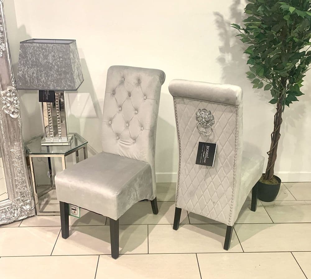 Pair Of Madrid Dining Chair Scroll Back Lion Knocker Silver