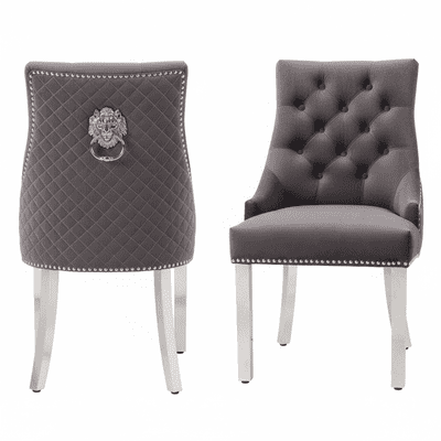 Pair Of Minister Brushed Velvet Dining Chair With Lion Knocker Grey