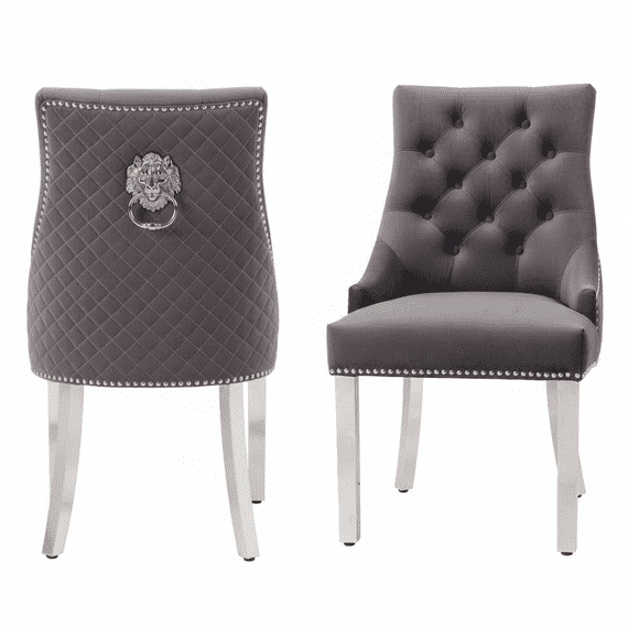 Pair Of Minister Brushed Velvet Dining Chair With Lion Knocker Grey