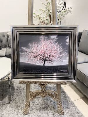 Pink Blossom Tree Glitter Wall Art Chrome Frame