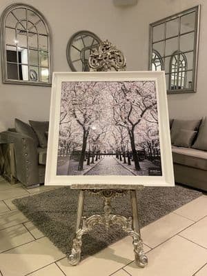 Pink Blossom Trees Walk Way Wall Art White Step Frame 85Cm X 85Cm