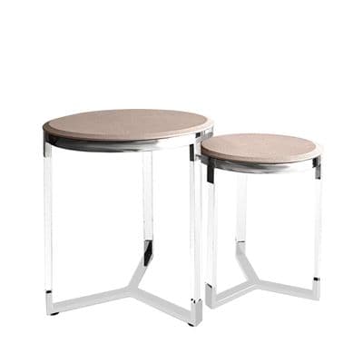 Pink Round Steel Faux Litchi Grain End Tables set of 2