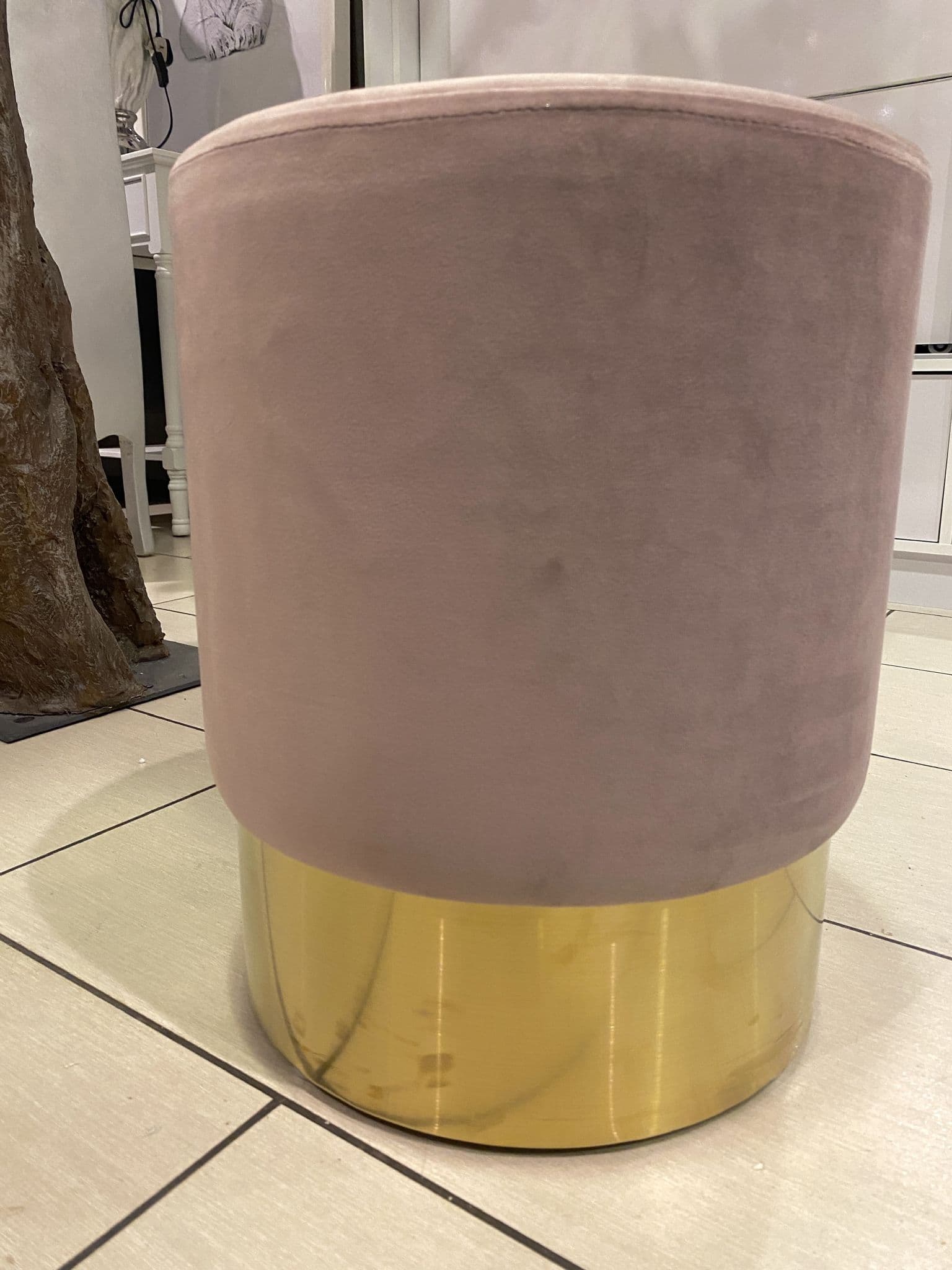 Pink Velvet Round Stool With Gold Base