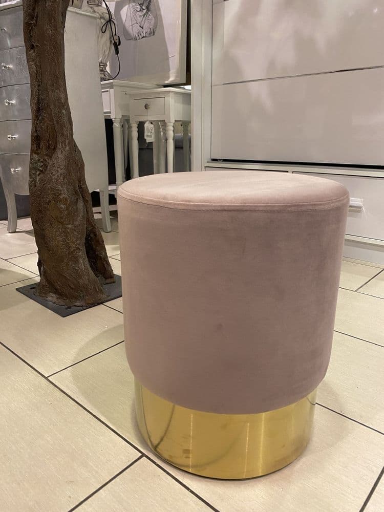 Pink Velvet Round Stool With Gold Base