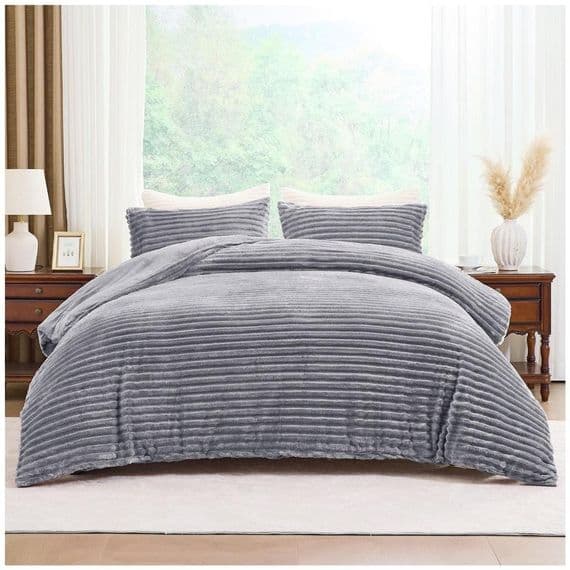 Plush Faux Fur Chunky Ribbed Faux Fur Grey Bedding Duvet Set