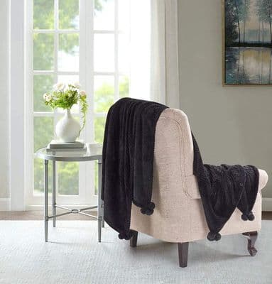Popcorn Pom Pom Soft Throw 200cm x 240cm Black   🖤✨