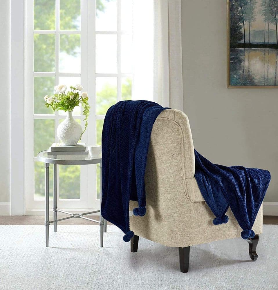 Popcorn Pom Pom Soft Throw 200cm x 240cm Blue
