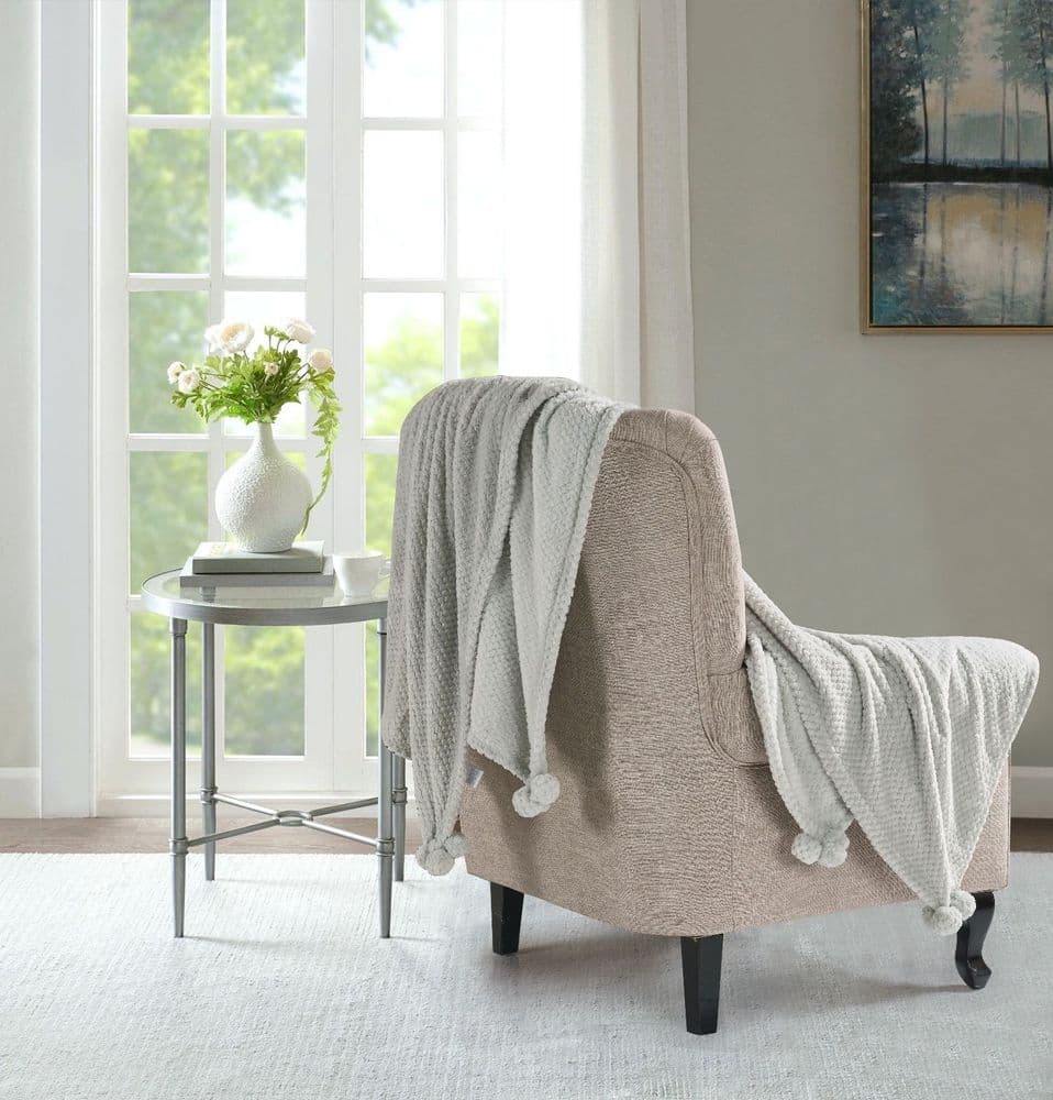 Popcorn Pom Pom Soft Throw 200cm x 240cm Silver